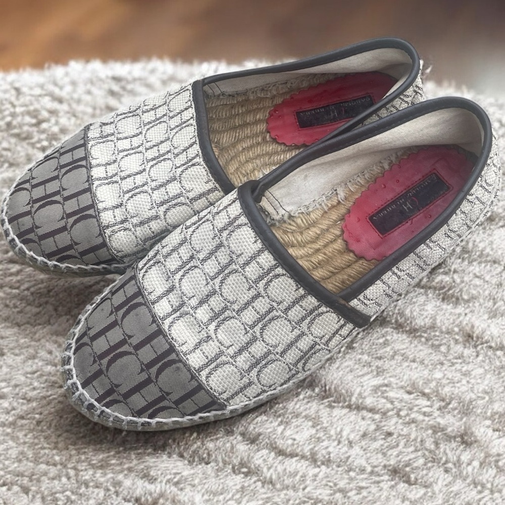 Carolina Herrera Gray and Cream CH Logo Espadrilles 39/8 - Picture 3 of 9